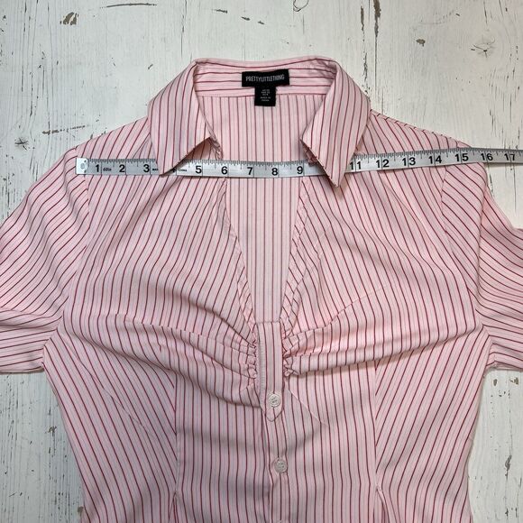 Pretty Little Thing Shirt Button Up 6 Pink Burgandy Crop Pinstripe Fitted Y2K - Picture 7 of 13